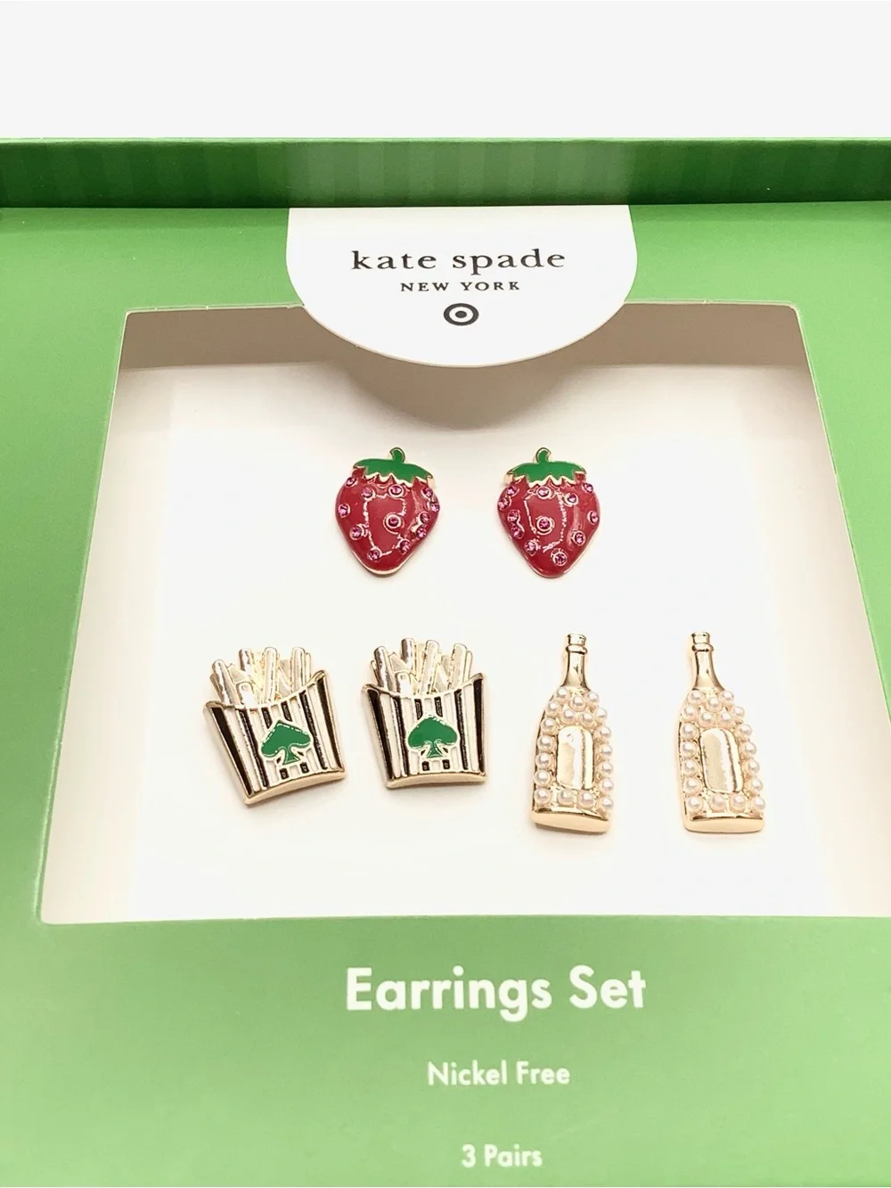 kate spade Strawberry, Gold Fry & Pearl Bottle Stud Earring Set - Red/Gold/Green